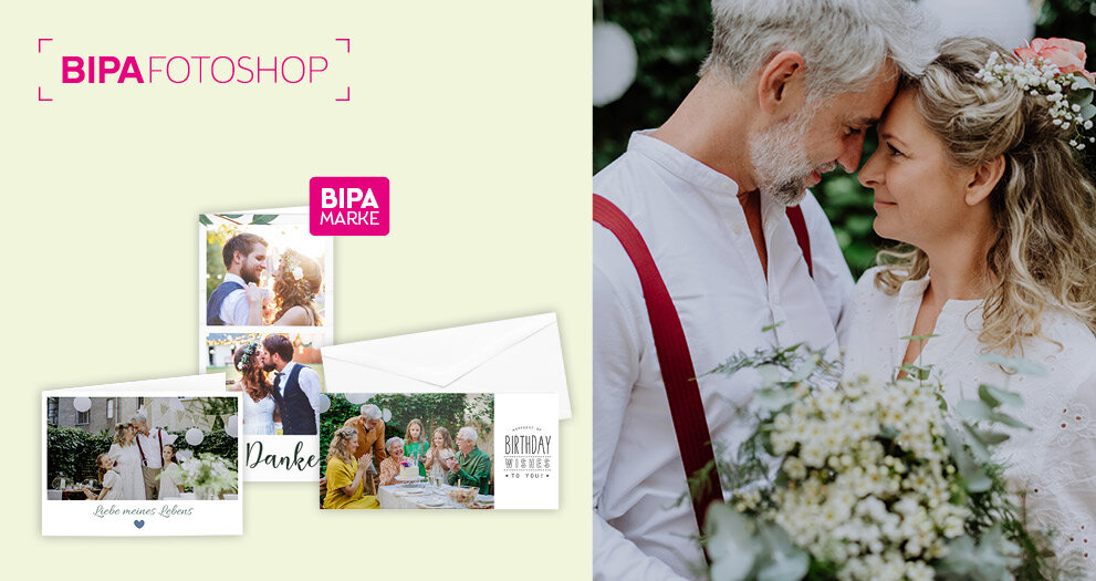 Verliebtes Hochzeitspaar berührt Stirn an Stirn, links BIPA Fotoshop Grußkarten mit Hochzeits- und Familienmotiven.
